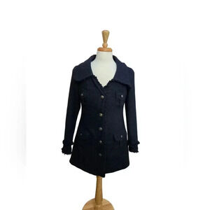 Nick & Mo Pea Coat Navy Blue Dark Academia Whimsy Goth Fringe Wool Blend Size L